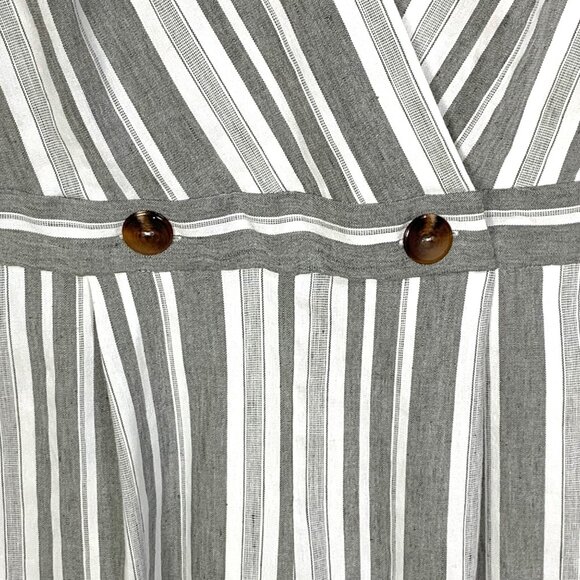 Gray White Striped Wide Leg Linen Blend Jumpsuit 2 V-Neck Nautical Coastal Prep - Picture 5 of 11